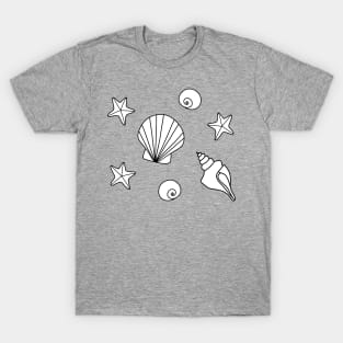 White Cartoon Seashells and Starfish Pattern on a Lavender Backdrop, made by EndlessEmporium T-Shirt